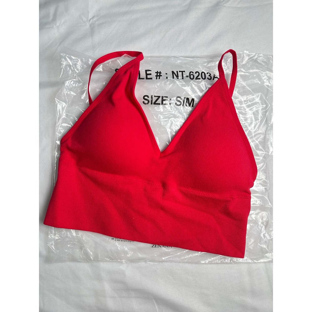 Zenana Red Ribbed Seamless V-Neck Bralette Adjustable Straps NT-6203A S/M